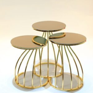 Three round glass-top side tables with gold metal, cage-like frames.