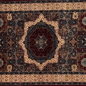 Colorful Persian rug with intricate geometric and floral patterns, central medallion, decorative border.