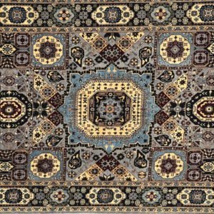 Intricately patterned rug with geometric and floral designs in blue, beige, and brown.