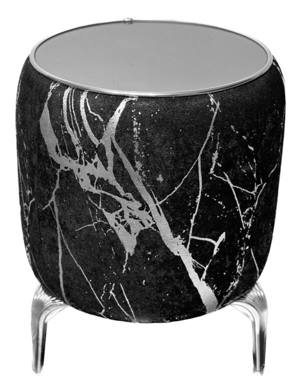 Black Velvet Puff With Mirror Top Side Table- Small