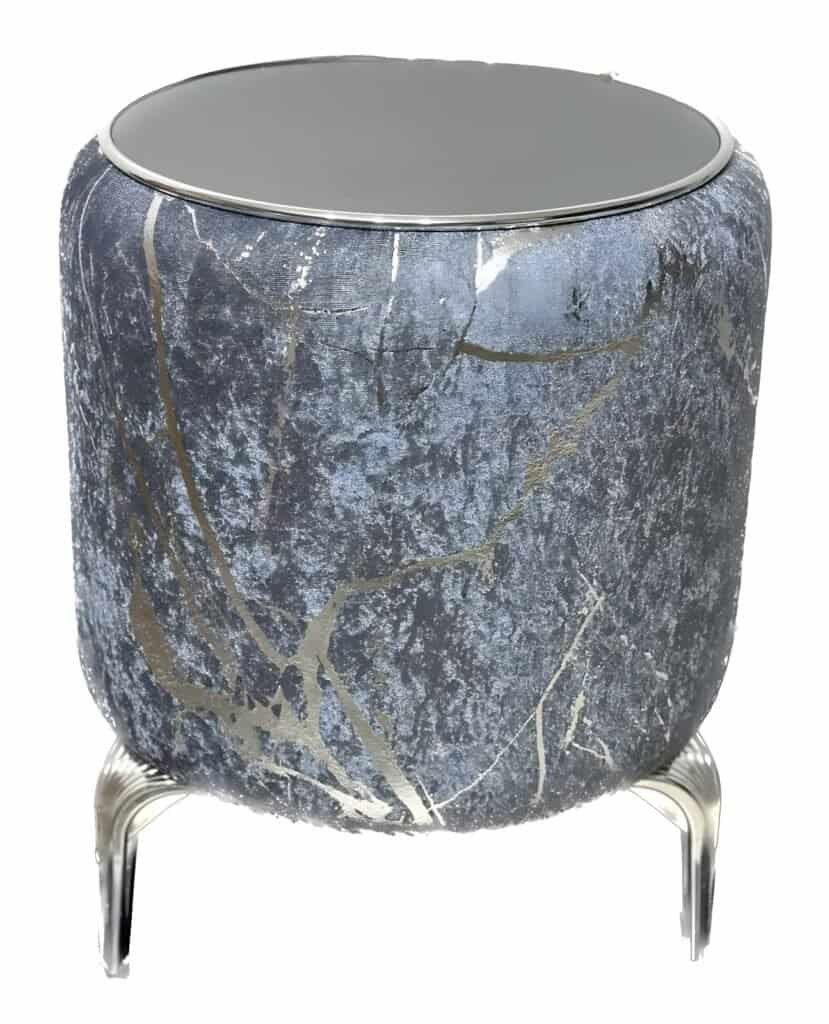 Cylindrical Stool With Silver-Blue Metallic Abstract Design, Mirrored Top, And Curved Legs.