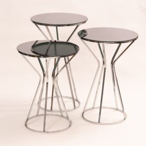 3-piece modern nesting side tables with black glass and chrome frame
