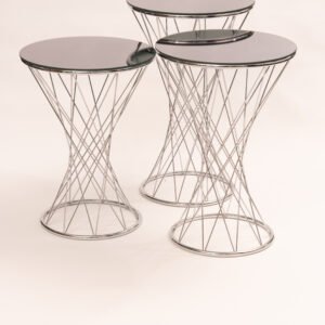 chrome glass nesting tables with wireframe base base