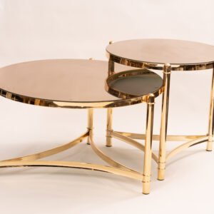 Modern 2 piece coffee table set with round glass tops and gold polished frame – space-saving design
