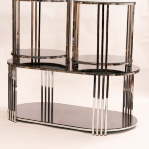 Chrome Oval Console Table Set with 3-piece black glass top and chrome frame, featuring modern nesting design for living rooms and entryways