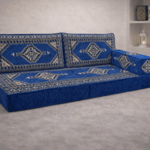Arabic Majlis floor seating blue pattern with geometric design, cover only option, traditional floor seating for living rooms in Auckland New Zealand