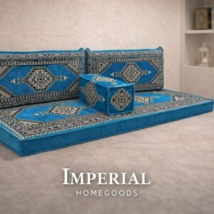 Arabic Majlis floor seating teal blue-grey pattern with cushions – Imperial Homegoods Auckland