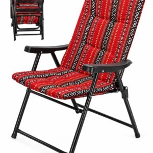 Red Arabic Majlis folding chair with padded seat, back support, black armrests and steel frame, shown open and folded