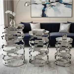 Chrome spiral nesting tables NZ, 3-piece silver mirror top set