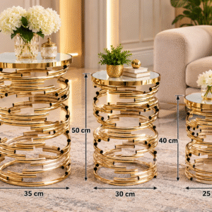 Gold nesting tables NZ – 3 piece gold spiral nesting table set with mirror-look glass tops for luxury living rooms