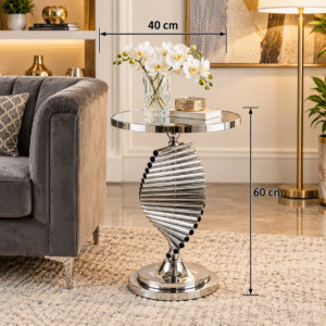 Chrome spiral side table NZ with silver mirror top in luxury living room